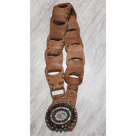 LeatheRock Custom Linked Leather Studded Rhinstone Belt Size M/L USA MSRP $245 - Picture 10 of 16